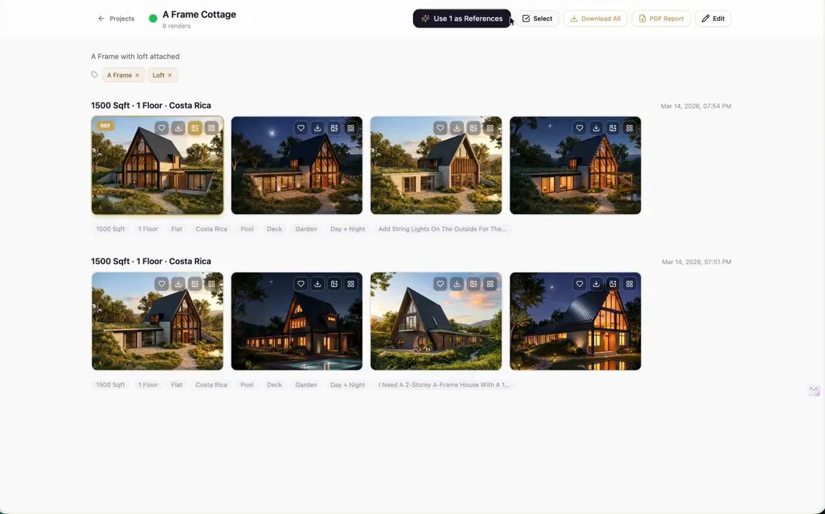 A frame project page with multiple rendered cabin references in day and night views