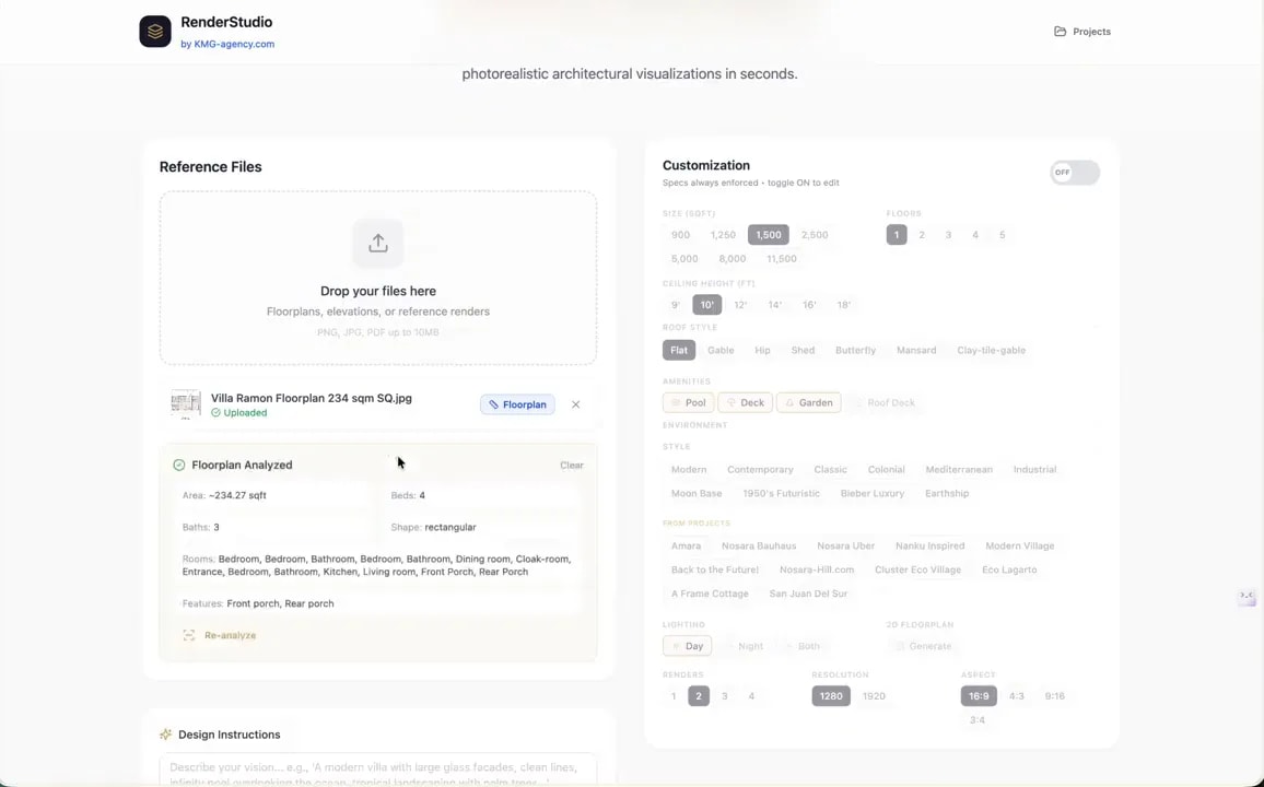 AI analysis panel showing interpreted room labels and plan details beside customization settings