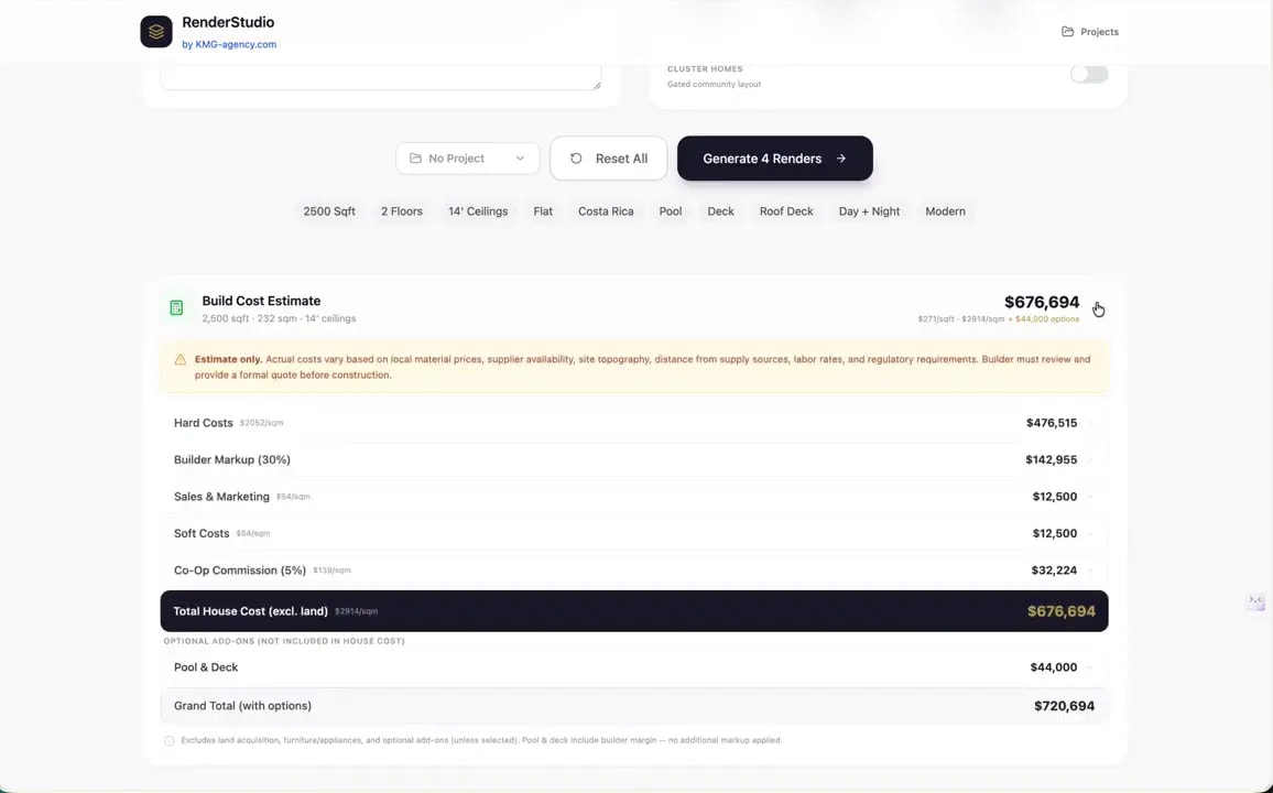 Build cost estimate panel expanded with line items and total estimated amount