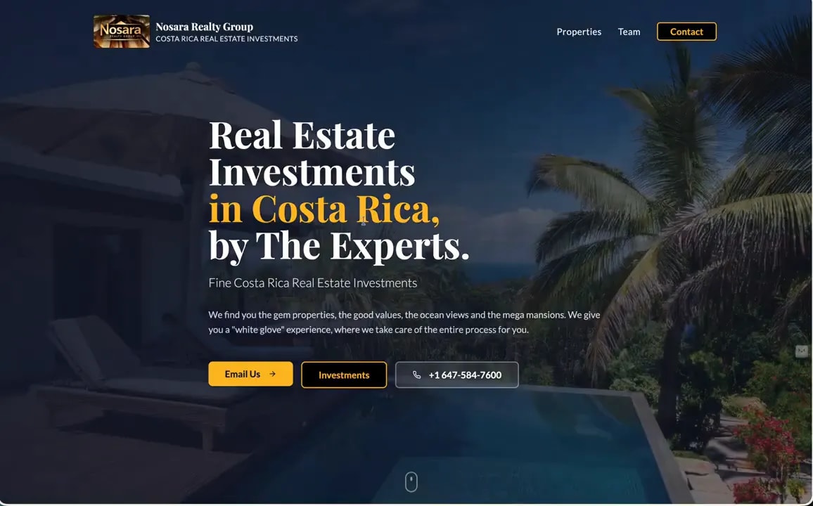 Real estate website homepage with large hero text about investments in Costa Rica