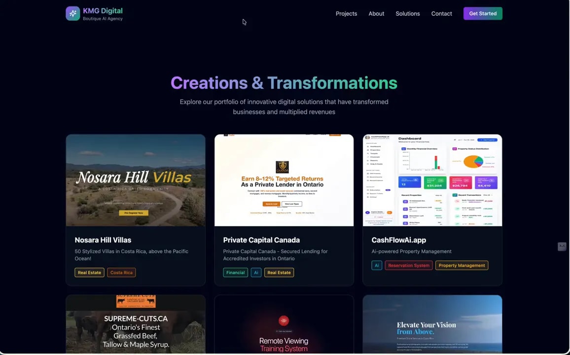 Dark themed portfolio page showing multiple digital projects and tools