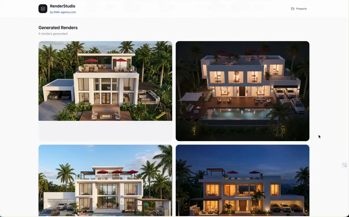 Four generated villa renders in a grid with day and night versions