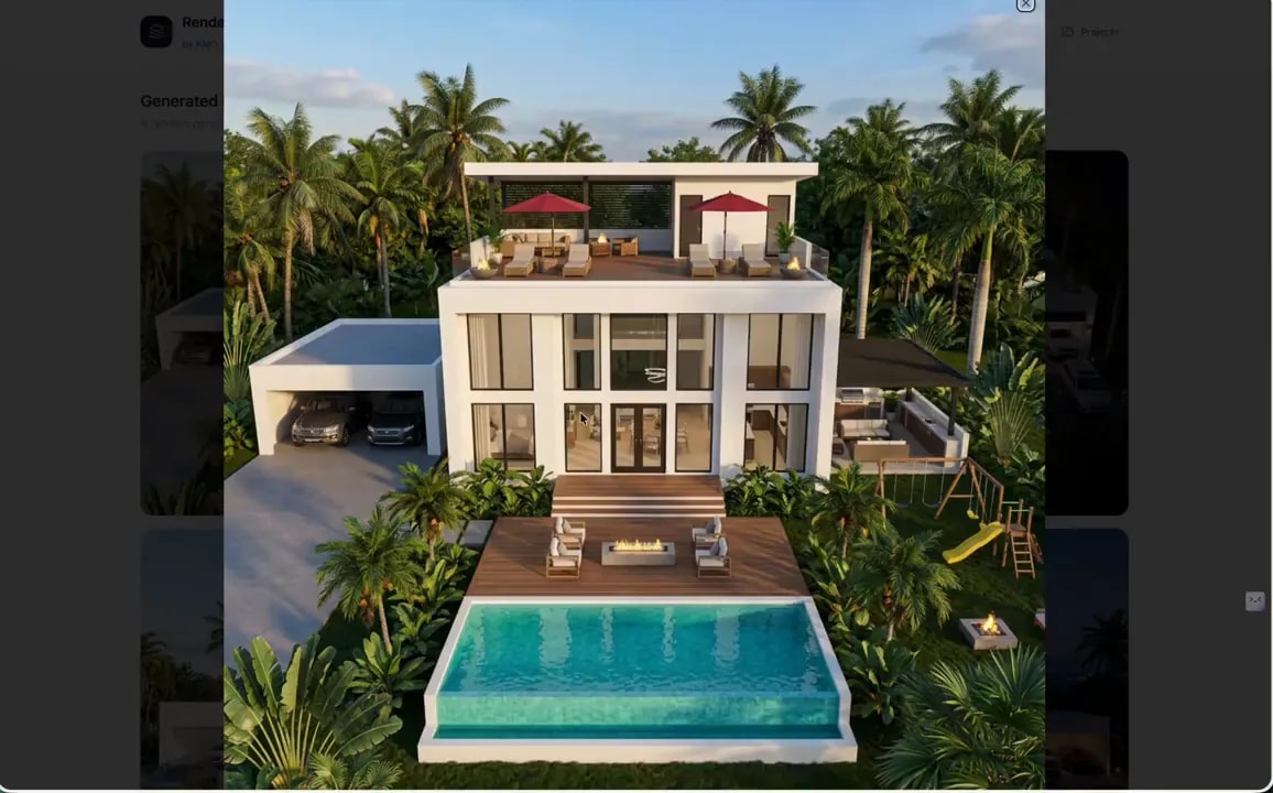 Daytime render of modern two story villa with infinity pool roof deck and garage