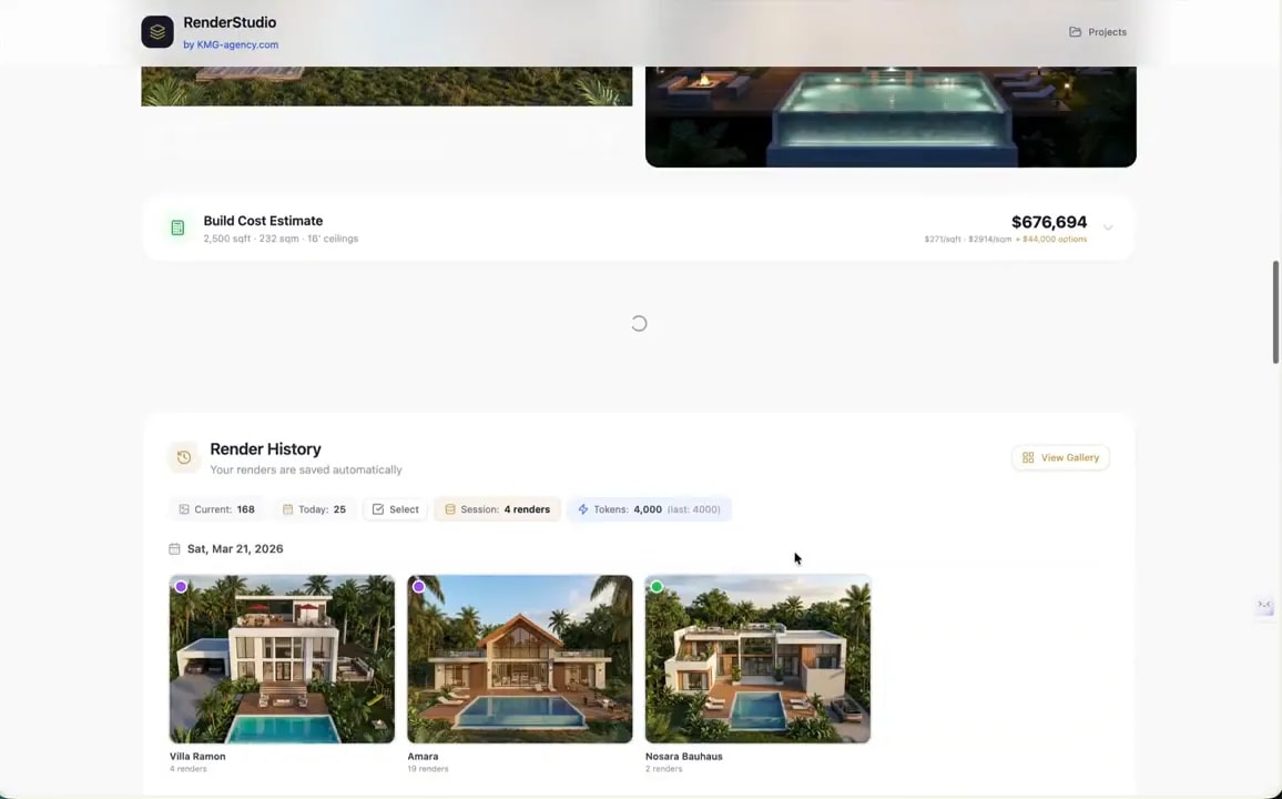 Render history section showing recently generated villa thumbnails