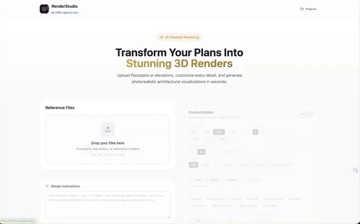 RenderStudio page with heading Transform Your Plans Into Stunning 3D Renders and customization panel