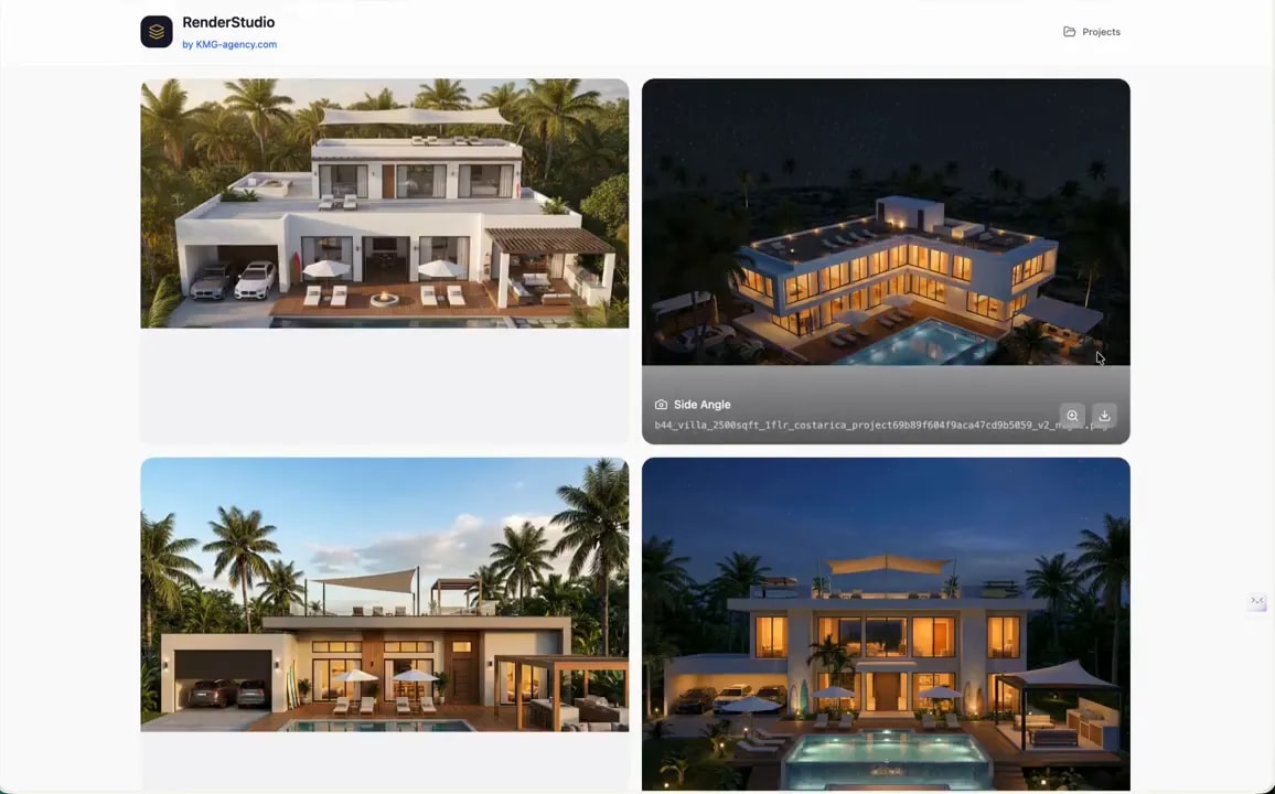 Four second pass villa renders showing upgraded luxury style in day and night scenes