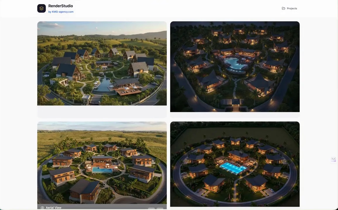 Four generated village renders in day and night with circular road and central pool